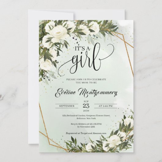 Invitation Forêt Vert Olivier feuillage Roses blanches C'est  (Devant)