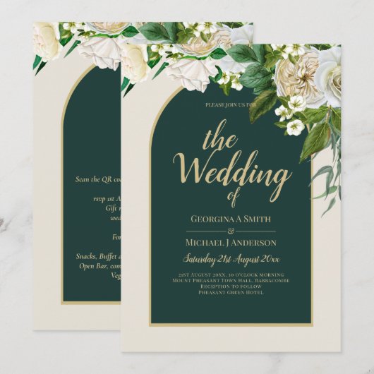 Invitation Forêt Vert Or Roses blanches Mariage d'hiver (Devant / Derrière)
