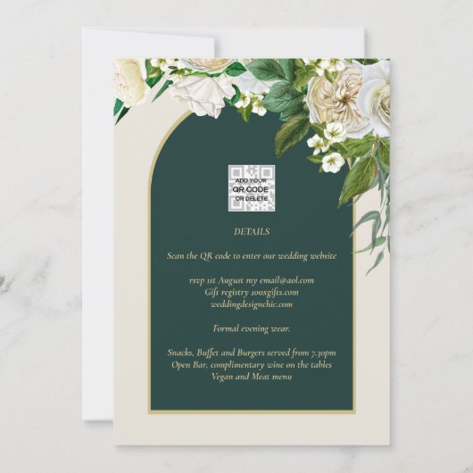 Invitation Forêt Vert Or Roses blanches Mariage d'hiver (Dos)