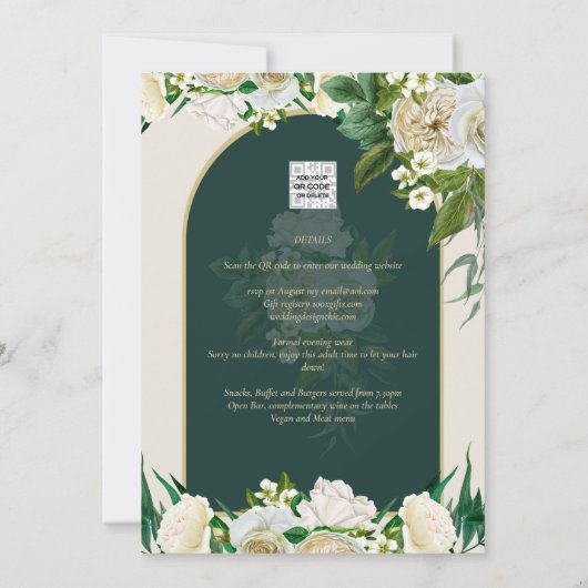 Invitation Forêt Vert Or Roses blanches Mariage d'hiver (Dos)