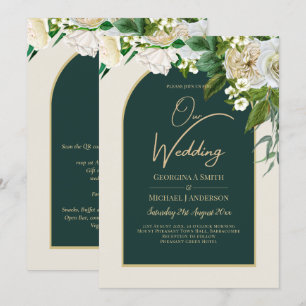 Invitation Forêt Vert Or Roses blanches Mariage d'hiver