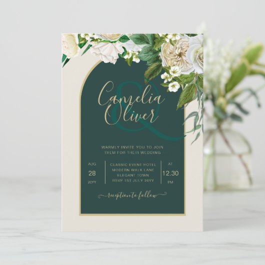 Invitation Forêt Vert Or Roses blanches Mariage d'hiver (Debout devant)