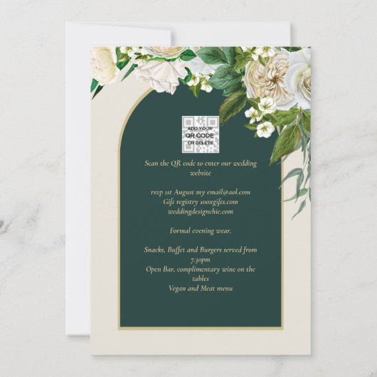 Invitation Forêt Vert Or Roses blanches Mariage d'hiver (Dos)