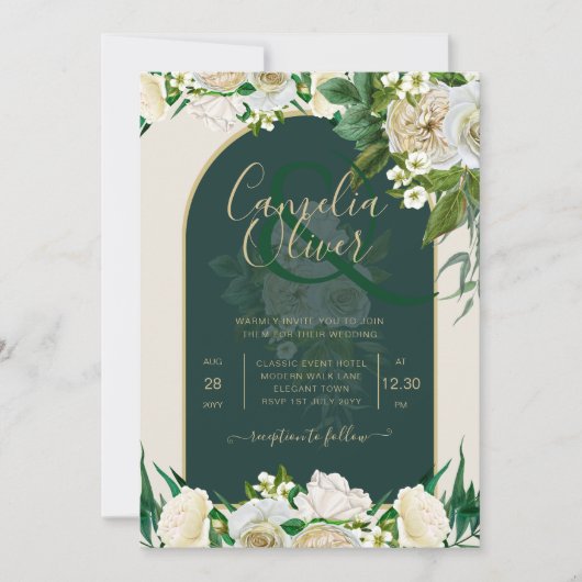 Invitation Forêt Vert Or Roses blanches Mariage d'hiver (Devant)
