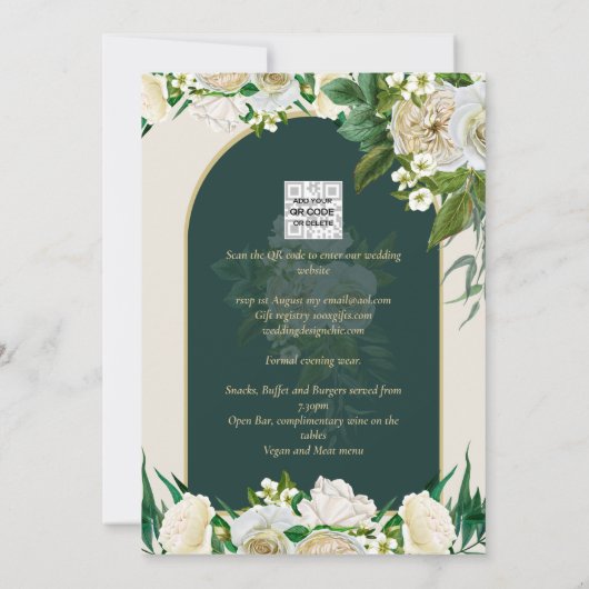 Invitation Forêt Vert Or Roses blanches Mariage d'hiver (Dos)