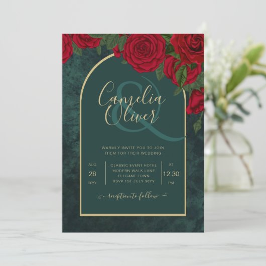 Invitation Forêt Vert Or ROUGE Roses Mariage d'hiver (Debout devant)