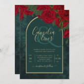 Invitation Forêt Vert Or ROUGE Roses Mariage d'hiver (Devant / Derrière)