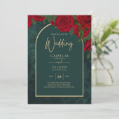 Invitation Forêt Vert Or ROUGE Roses Mariage d'hiver (Debout devant)