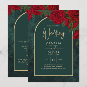 Invitation Forêt Vert Or ROUGE Roses Mariage d'hiver