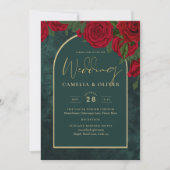 Invitation Forêt Vert Or ROUGE Roses Mariage d'hiver (Devant)