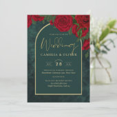 Invitation Forêt Vert Or ROUGE Roses Mariage d'hiver (Debout devant)
