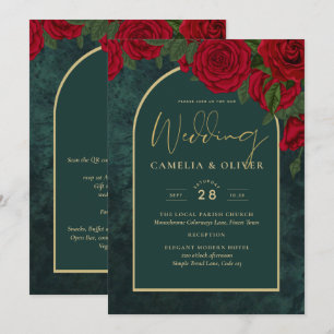 Invitation Forêt Vert Or ROUGE Roses Mariage d'hiver