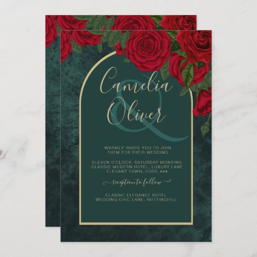 Invitation Forêt Vert Or ROUGE Roses Mariage d'hiver (Devant / Derrière)