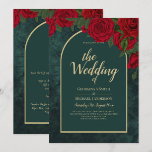 Invitation Forêt Vert Or ROUGE Roses Mariage d'hiver