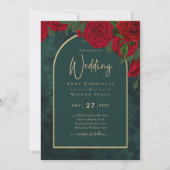 Invitation Forêt Vert Or ROUGE Roses Mariage d'hiver (Devant)
