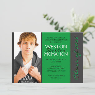 Invitation Forêt Vert & Pinstripe Gris Photo Graduation