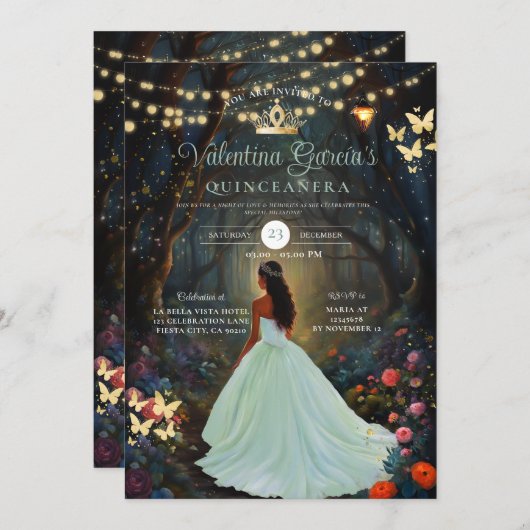 Invitation Forêt Vert Quinceañera 15 Anos Fleurs Or (Devant / Derrière)
