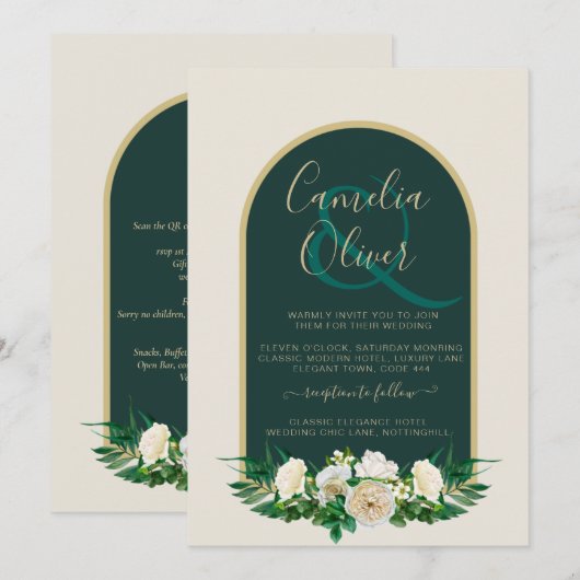 Invitation Forêt verte or blanc roses mariage d'hiver (Devant / Derrière)