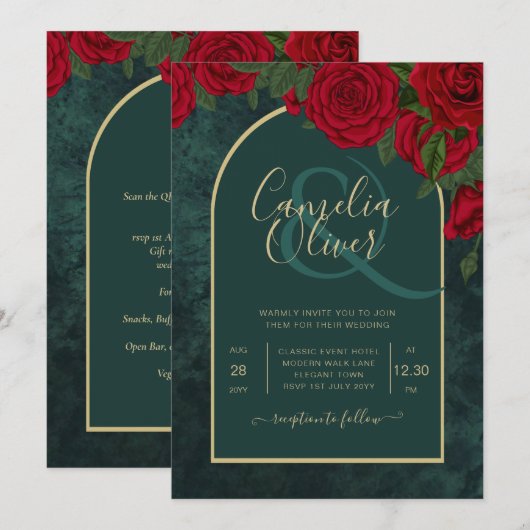 Invitation Forêt verte or rose rouge d'hiver de mariage (Devant / Derrière)