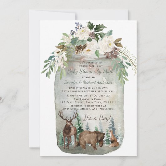 Invitation Forêt Woodland Mason Jar Baby shower Par Mail (Devant)