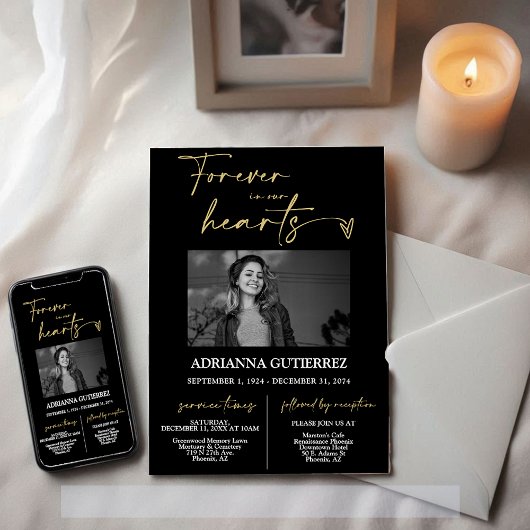 Invitation Forever in Our Hearts Black Gold Funeral Memorial