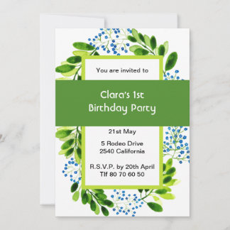 Invitation Forget-me-not blue flower 1st Birthday Green Party