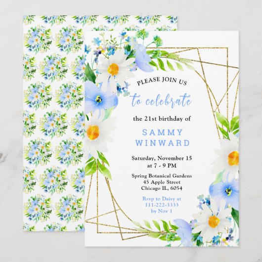 Invitation Forget Me Nots and Daisies Birthday (Devant / Derrière)