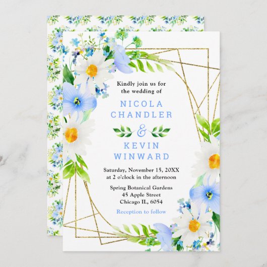 Invitation Forget Me Nots and Daisies Wedding (Devant / Derrière)