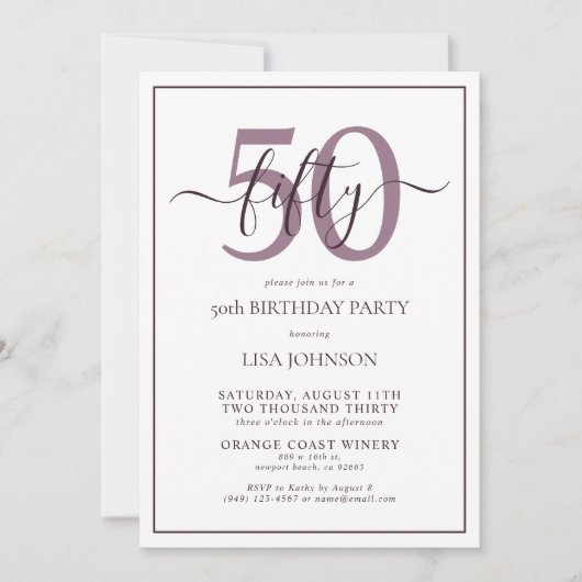 Invitation Formal 50e Anniversaire Plum violet Script classiq (Devant)