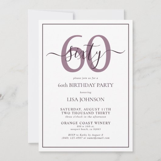 Invitation Formal 60e Anniversaire Plum violet Script classiq (Devant)