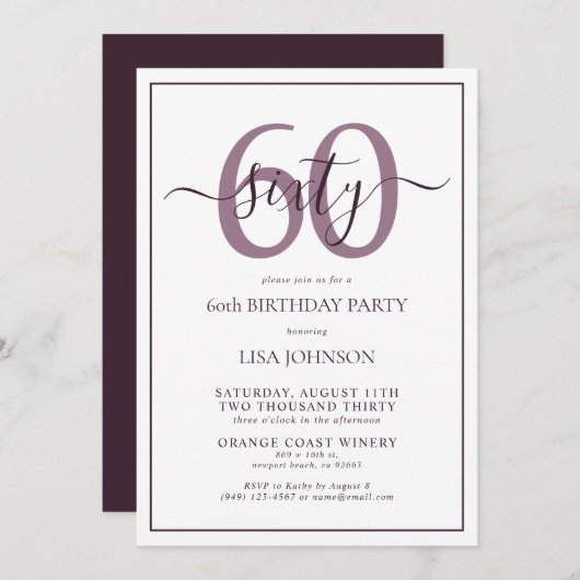 Invitation Formal 60e Anniversaire Plum violet Script classiq (Devant / Derrière)