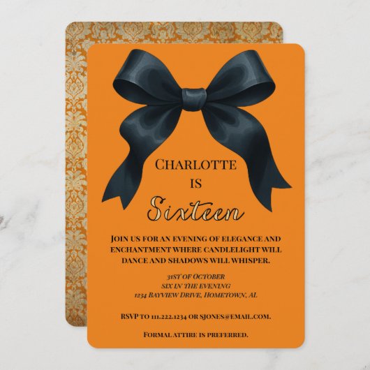 Invitation Formal Bow Halloween Birthday Invite - Orange (Devant / Derrière)