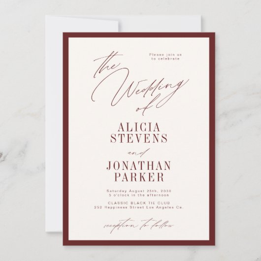 Invitation Formal burgundy ivory classic typography wedding (Devant)