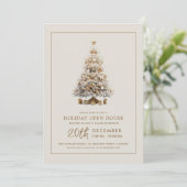 Invitation Formal Christmas Holiday Open House Gold Tree  (Debout devant)