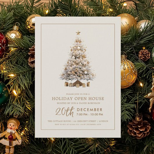 Invitation Formal Christmas Holiday Open House Gold Tree 