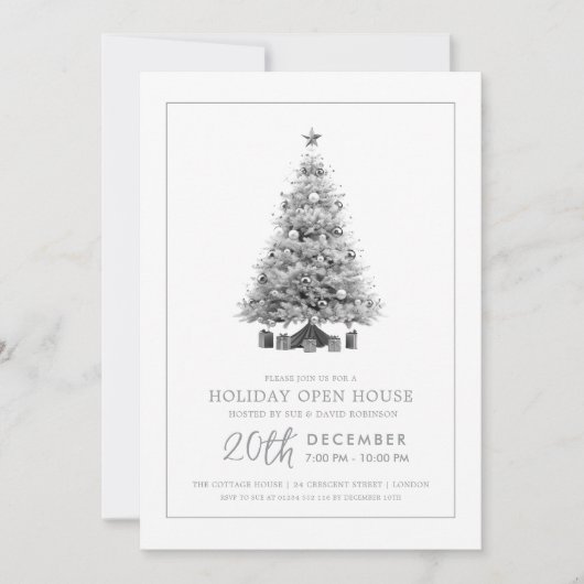 Invitation Formal Christmas Holiday Open House Silver Tree (Devant)