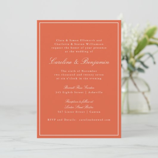 Invitation Formal Classic Chaud Orange Script Mariage élégant (Debout devant)