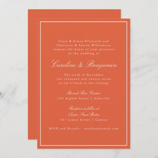 Invitation Formal Classic Chaud Orange Script Mariage élégant (Devant / Derrière)