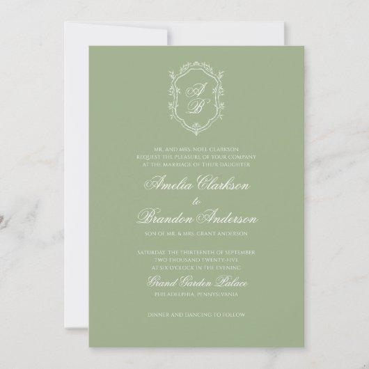 Invitation Formal Classic Sage Green Monogram Crest Wedding (Devant)