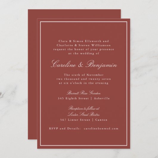 Invitation Formal classique rouille rouge Script élégant mari (Devant / Derrière)