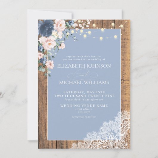 Invitation Formal Dusty Blue Blush Rustic Wood Lace Script (Devant)