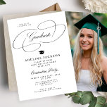 Invitation Formal elegant college photo graduation party<br><div class="desc">Stylish calligraphy script black and white senior high school,  college or university graduate photo graduation party invitation template with a grad hat.              Easy to personalize with your custom photo,  the graduate's name,  graduation year,  school name,  and graduation party details!</div>