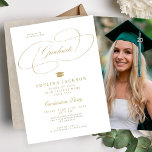 Invitation Formal elegant college photo graduation party<br><div class="desc">Stylish calligraphy script gold white senior high school,  college or university graduate photo graduation party invitation template with a grad hat.              Easy to personalize with your custom photo,  the graduate's name,  graduation year,  school name,  and graduation party details!</div>