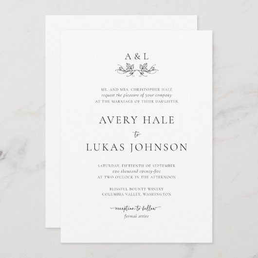 Invitation Formal Elegant noir blanc Mariage classique (Devant / Derrière)