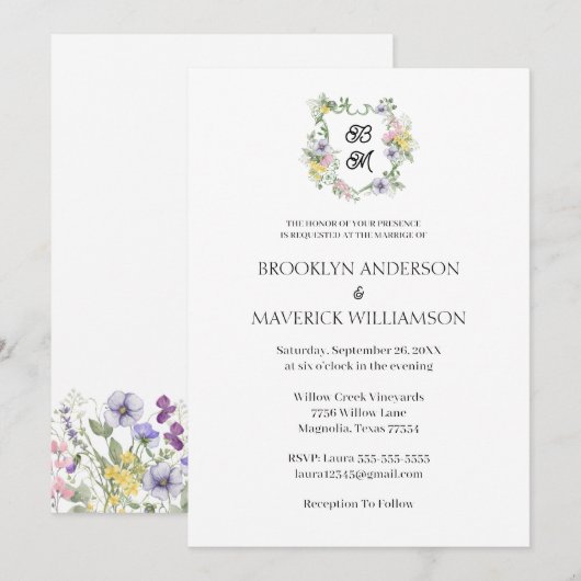 Invitation Formal Floral Monogram Crest Wedding (Devant / Derrière)