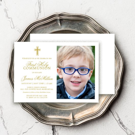 Invitation Formal Gold White First Communion Photo Boy