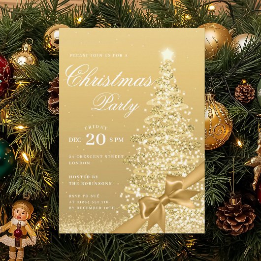 Invitation Formal Gold Winter Christmas Tree Bow Holiday 