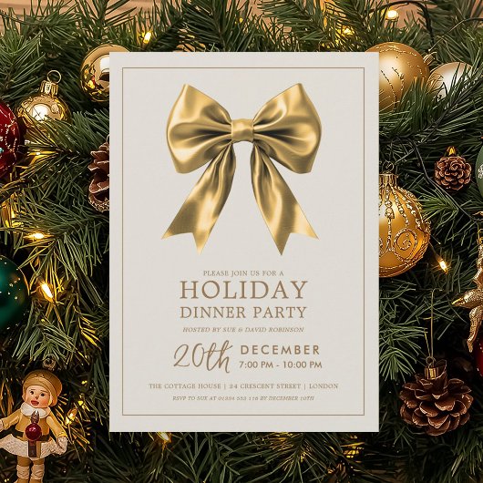 Invitation Formal Holiday Dinner Party Gold Satin Bow