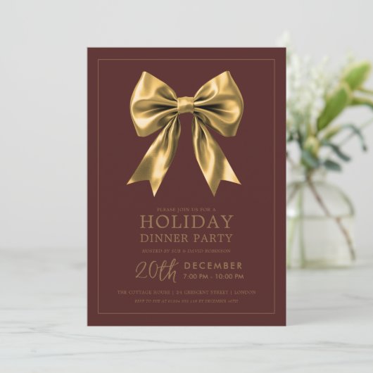 Invitation Formal Holiday Dinner Party Gold Satin Bow Marsala (Debout devant)