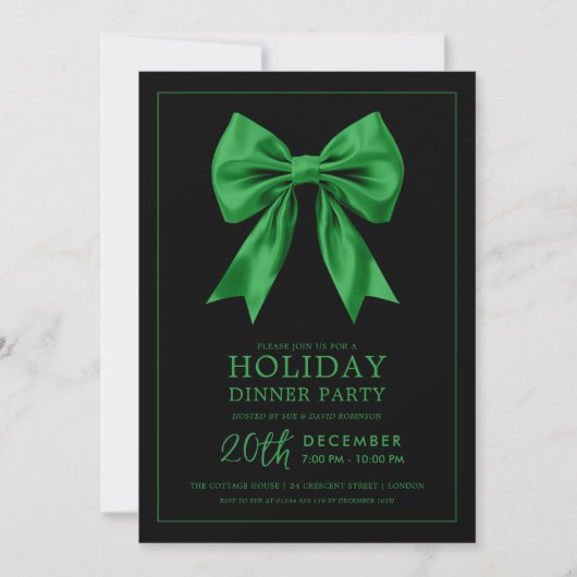 Invitation Formal Holiday Dinner Party Green Satin Bow Black (Devant)